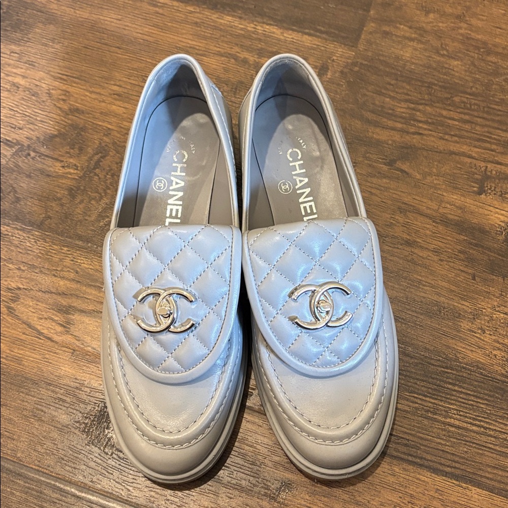CHANEL Quilted Loafers in Soft Gray size 37.5